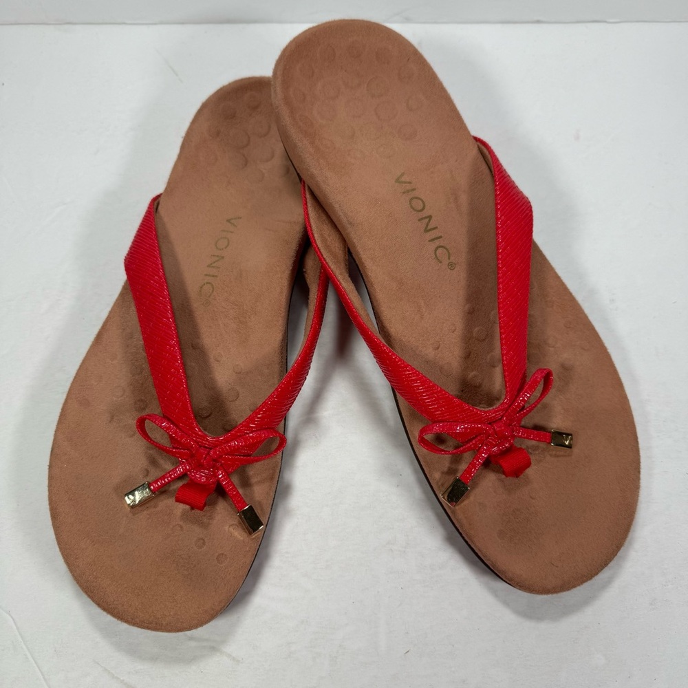 Vionic Red Patent Bella II Flip Flop Sandals Bow Detail Women's Size 10